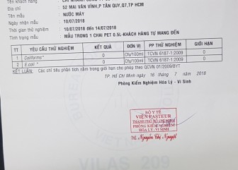 phiếu kiểm định nguồn nước, đủ điều kiện